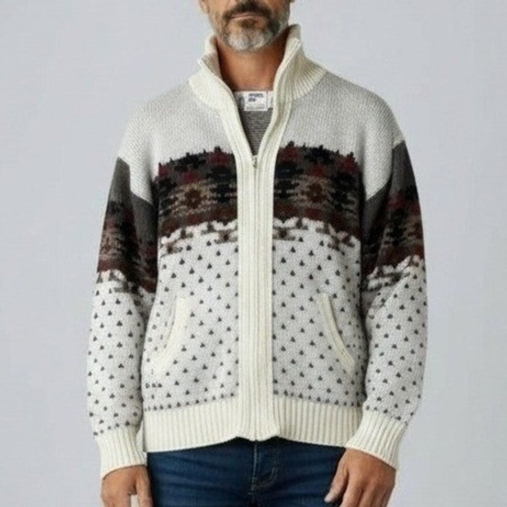 London Fog Sweater Men Medium Ivory Grandpacore‎ Cabincore Mock Neck Knit Zip Up